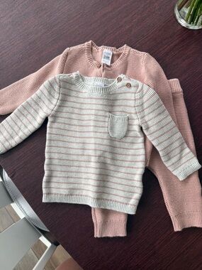 Simple Striped Knit Sweater Set in Blush Pink and Cream